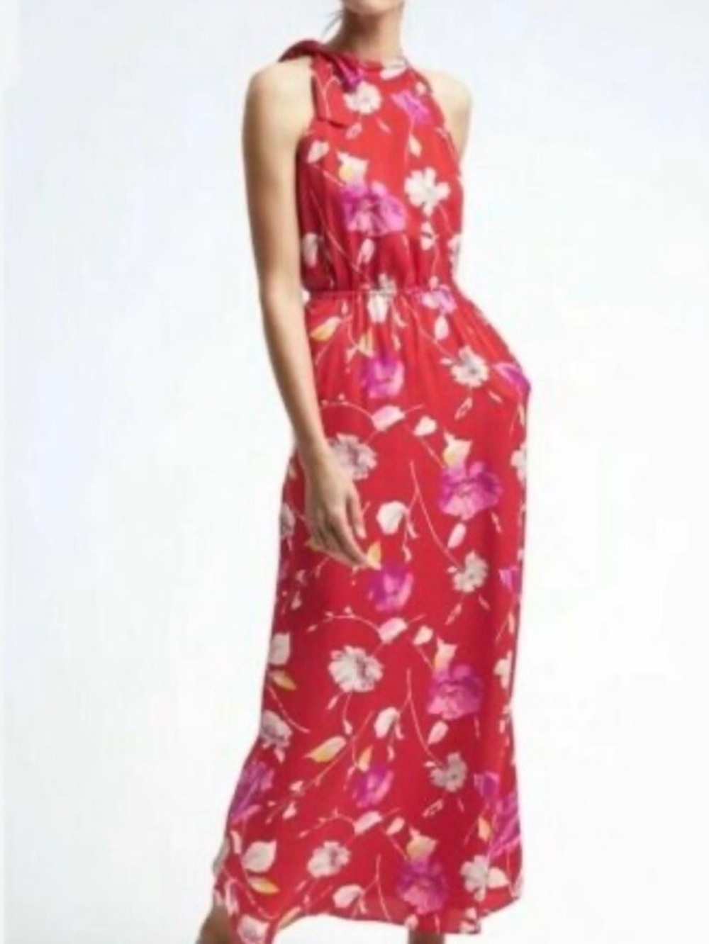Banana Republic Red Floral Dress with Pink & Gray Blooms